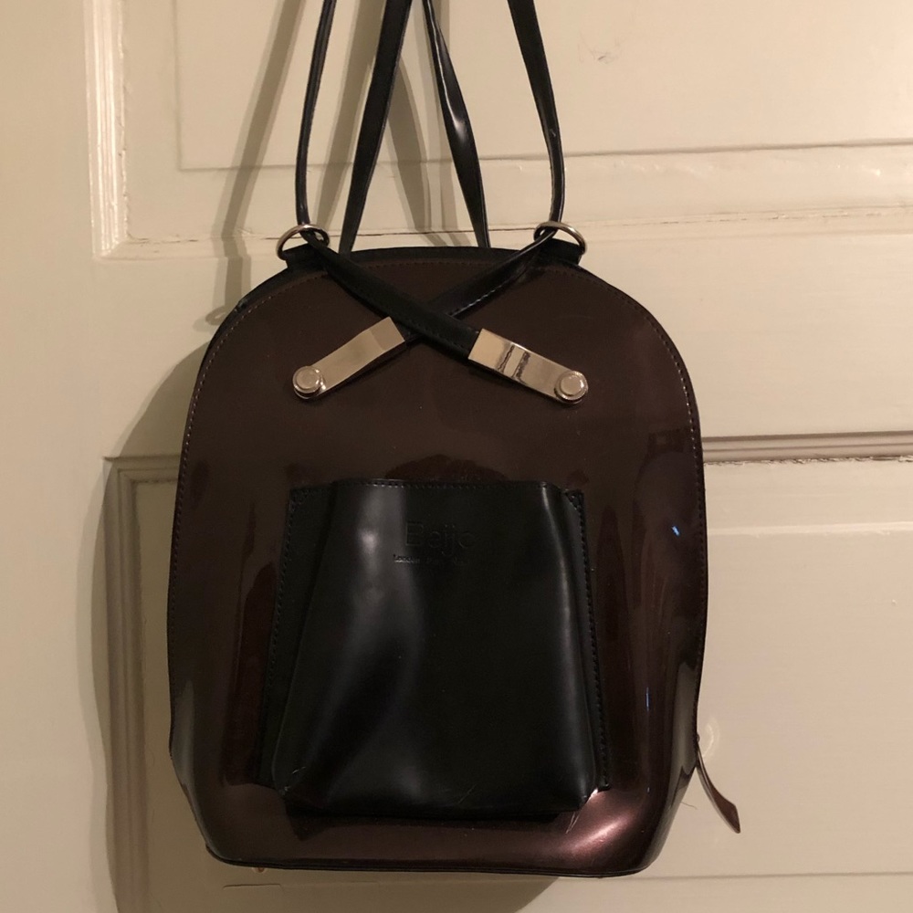 Beijo patent leather backpack, dual strap bag.